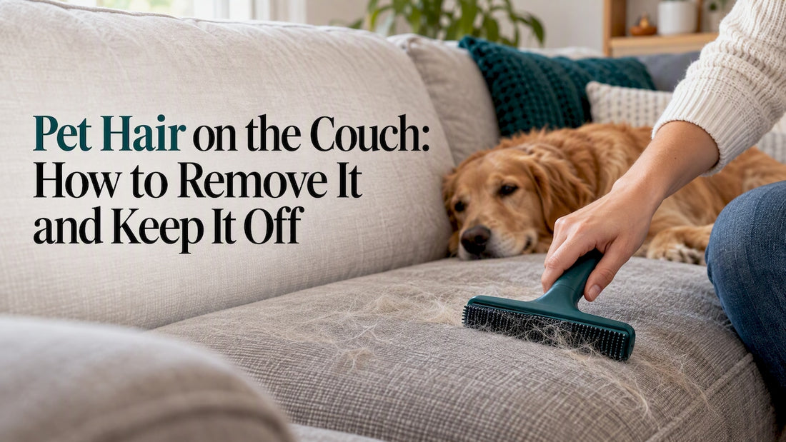 Pet owner removing fur from a couch